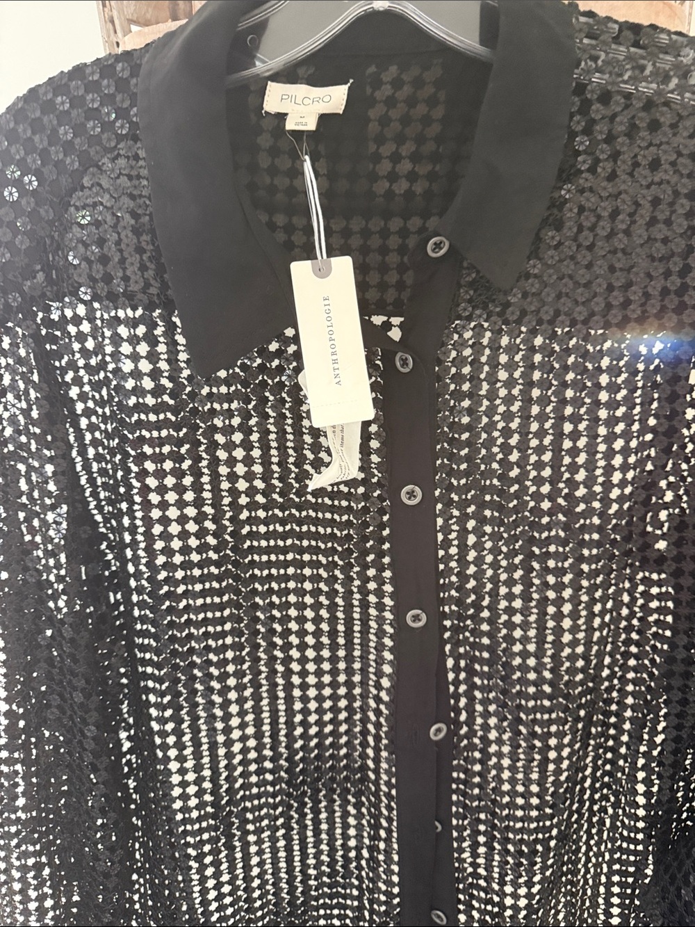 Pilcro Black Sequin Sheer Button-Down Shirt. Has amazing details.